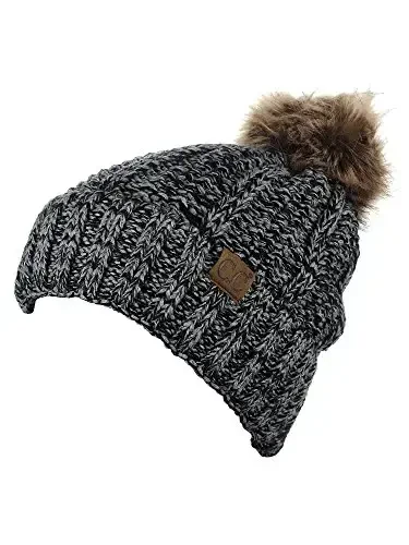C.C Thick Cable Knit Faux Fuzzy Fur Pom Fleece Lined Skull Cap Cuff Beanie - 3