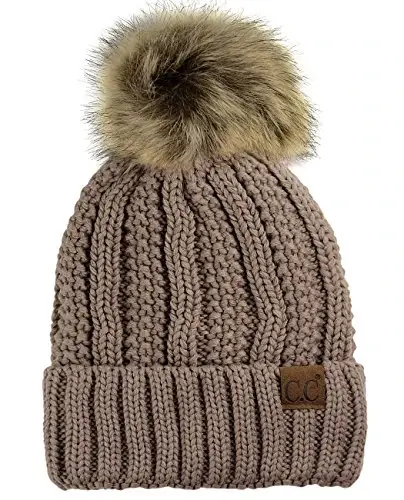 C.C Thick Cable Knit Faux Fuzzy Fur Pom Fleece Lined Skull Cap Cuff Beanie - C.C
