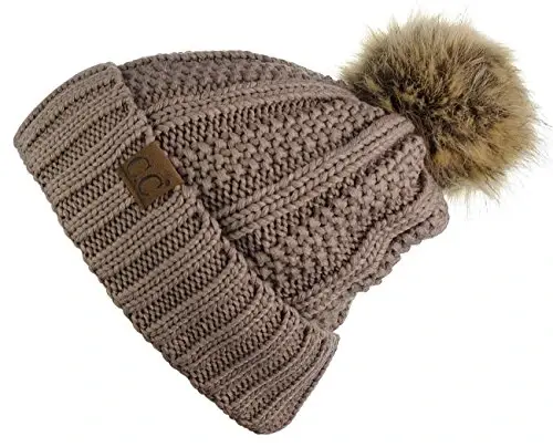 C.C Thick Cable Knit Faux Fuzzy Fur Pom Fleece Lined Skull Cap Cuff Beanie - 2