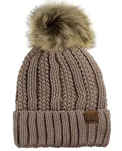 C.C Thick Cable Knit Faux Fuzzy Fur Pom Fleece Lined Skull Cap Cuff Beanie - 1