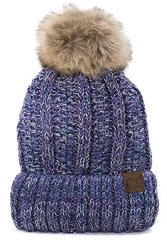 C.C Thick Cable Knit Faux Fuzzy Fur Pom Fleece Lined Skull Cap Cuff Beanie 
