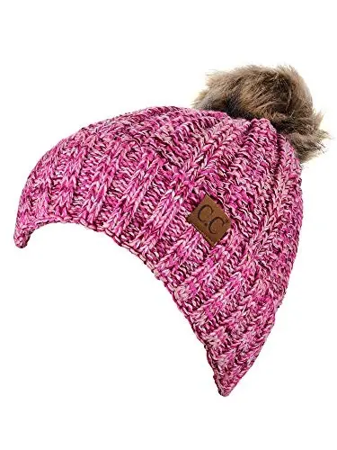 C.C Thick Cable Knit Faux Fuzzy Fur Pom Fleece Lined Skull Cap Cuff Beanie - 2
