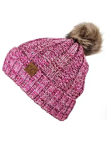 C.C Thick Cable Knit Faux Fuzzy Fur Pom Fleece Lined Skull Cap Cuff Beanie - 3