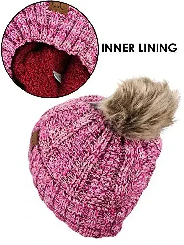 C.C Thick Cable Knit Faux Fuzzy Fur Pom Fleece Lined Skull Cap Cuff Beanie - 4