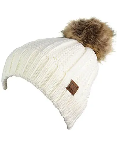 C.C Thick Cable Knit Faux Fuzzy Fur Pom Fleece Lined Skull Cap Cuff Beanie - 3