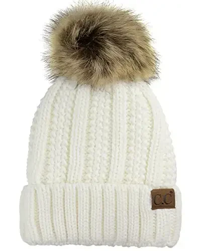 C.C Thick Cable Knit Faux Fuzzy Fur Pom Fleece Lined Skull Cap Cuff Beanie - C.C
