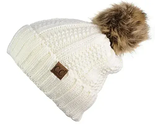 C.C Thick Cable Knit Faux Fuzzy Fur Pom Fleece Lined Skull Cap Cuff Beanie - 2