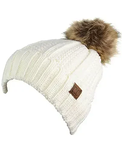 C.C Thick Cable Knit Faux Fuzzy Fur Pom Fleece Lined Skull Cap Cuff Beanie - 3