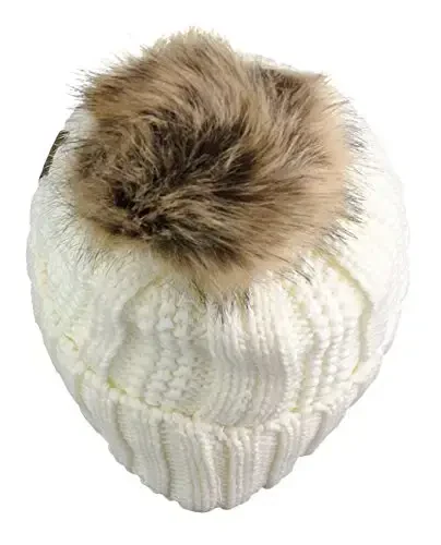 C.C Thick Cable Knit Faux Fuzzy Fur Pom Fleece Lined Skull Cap Cuff Beanie - 4