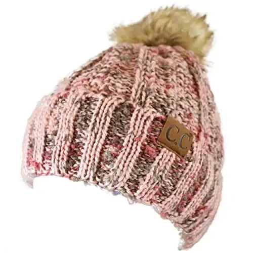 C.C Thick Cable Knit Faux Fuzzy Fur Pom Fleece Lined Skull Cap Cuff Beanie - 2