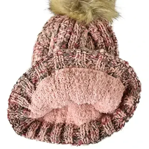 C.C Thick Cable Knit Faux Fuzzy Fur Pom Fleece Lined Skull Cap Cuff Beanie - 4