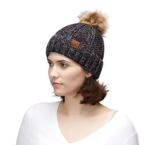 C.C Thick Cable Knit Faux Fuzzy Fur Pom Fleece Lined Skull Cap Cuff Beanie - 4