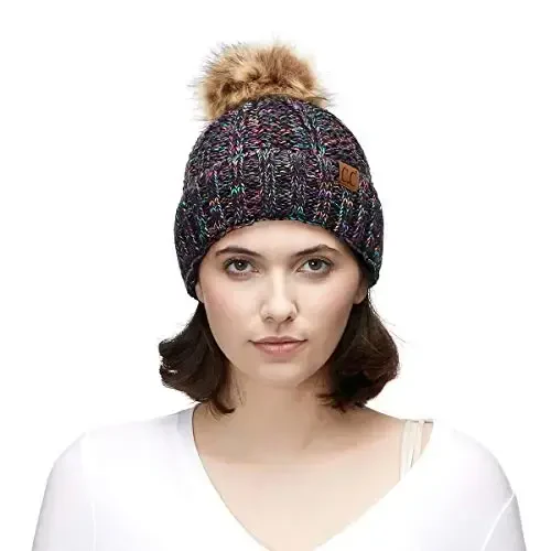 C.C Thick Cable Knit Faux Fuzzy Fur Pom Fleece Lined Skull Cap Cuff Beanie - 5