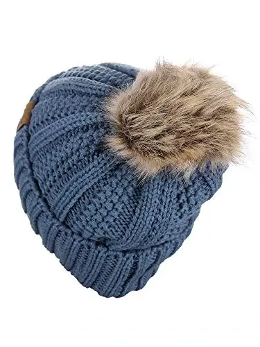 C.C Thick Cable Knit Faux Fuzzy Fur Pom Fleece Lined Skull Cap Cuff Beanie - 4