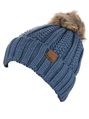 C.C Thick Cable Knit Faux Fuzzy Fur Pom Fleece Lined Skull Cap Cuff Beanie - 3