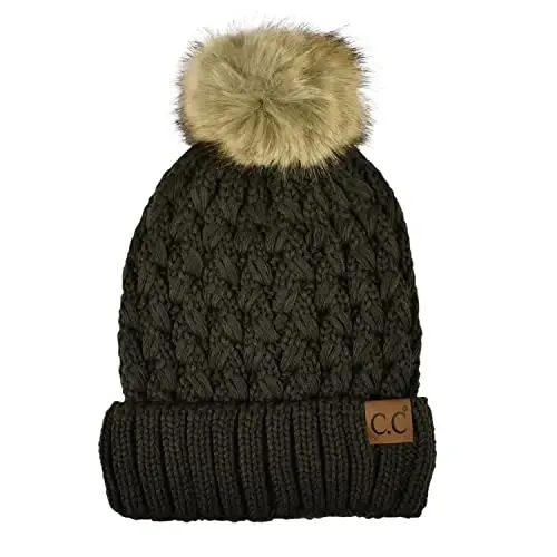 C.C Thick Cable Knit Faux Fuzzy Fur Pom Fleece Lined Skull Cap Cuff Beanie 