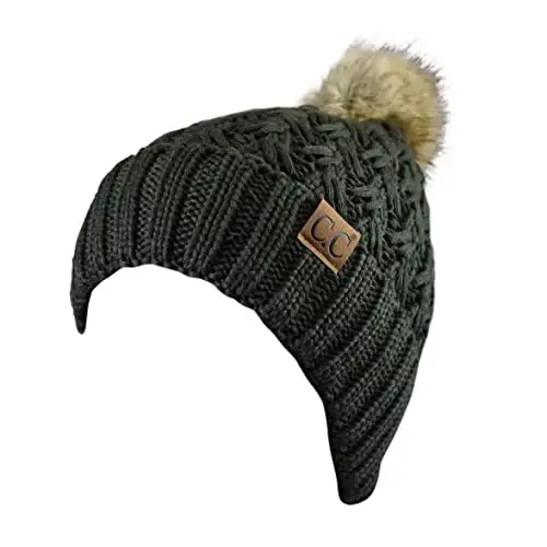 C.C Thick Cable Knit Faux Fuzzy Fur Pom Fleece Lined Skull Cap Cuff Beanie - 2