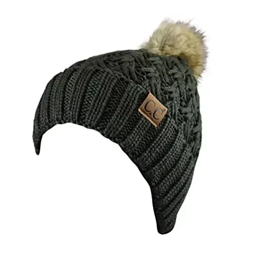 C.C Thick Cable Knit Faux Fuzzy Fur Pom Fleece Lined Skull Cap Cuff Beanie - C.C (1)