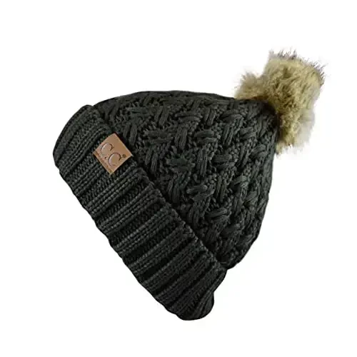 C.C Thick Cable Knit Faux Fuzzy Fur Pom Fleece Lined Skull Cap Cuff Beanie - 3