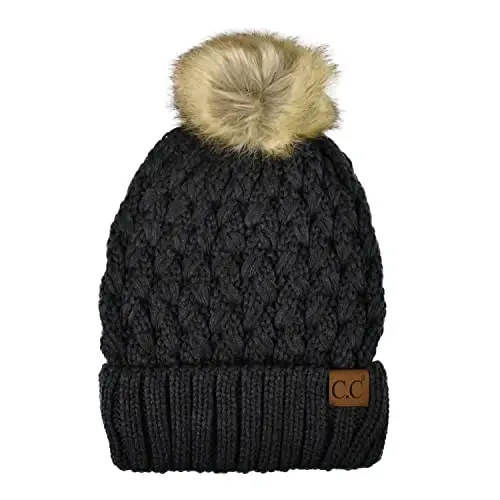 C.C Thick Cable Knit Faux Fuzzy Fur Pom Fleece Lined Skull Cap Cuff Beanie - C.C