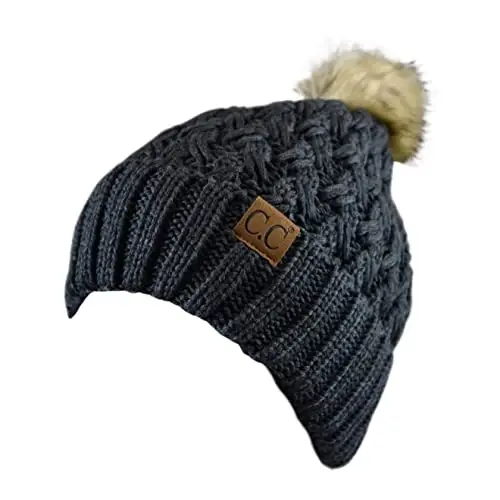 C.C Thick Cable Knit Faux Fuzzy Fur Pom Fleece Lined Skull Cap Cuff Beanie - 2