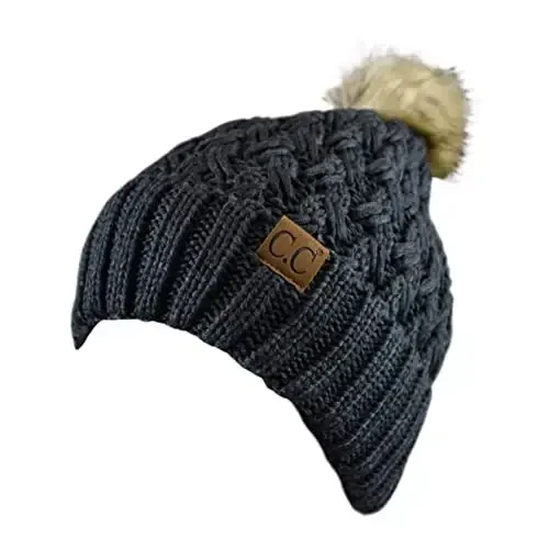 C.C Thick Cable Knit Faux Fuzzy Fur Pom Fleece Lined Skull Cap Cuff Beanie - C.C (1)