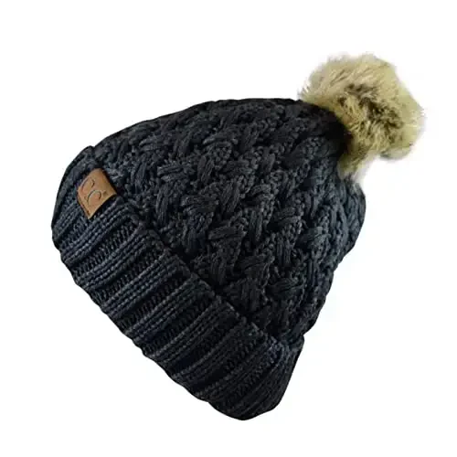 C.C Thick Cable Knit Faux Fuzzy Fur Pom Fleece Lined Skull Cap Cuff Beanie - 3