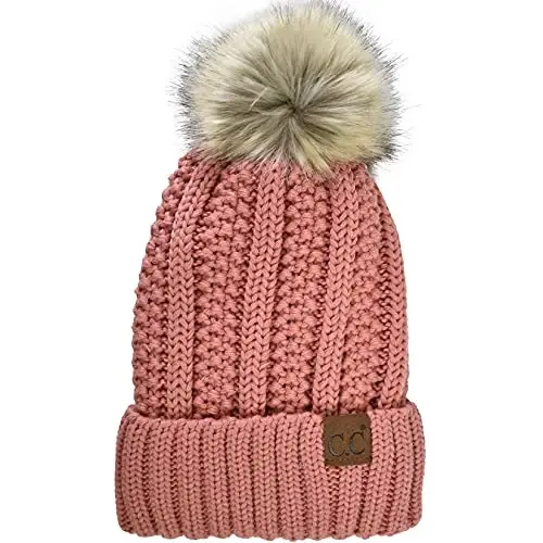 C.C Thick Cable Knit Faux Fuzzy Fur Pom Fleece Lined Skull Cap Cuff Beanie 