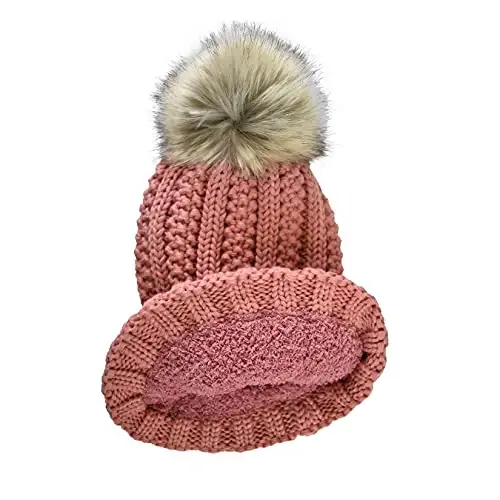 C.C Thick Cable Knit Faux Fuzzy Fur Pom Fleece Lined Skull Cap Cuff Beanie - C.C (1)