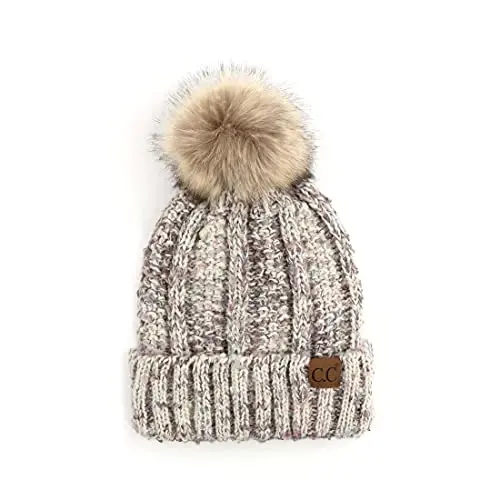 C.C Thick Cable Knit Faux Fuzzy Fur Pom Fleece Lined Skull Cap Cuff Beanie - 1