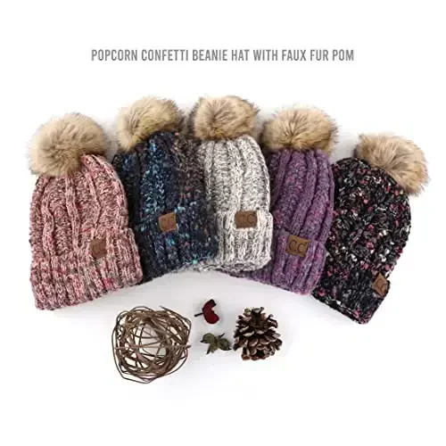 C.C Thick Cable Knit Faux Fuzzy Fur Pom Fleece Lined Skull Cap Cuff Beanie - 5