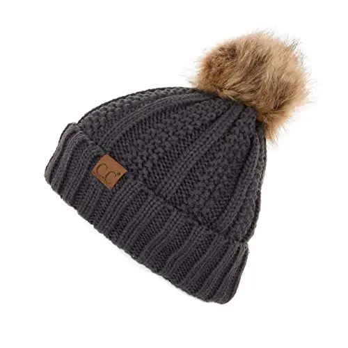 C.C Thick Cable Knit Faux Fuzzy Fur Pom Fleece Lined Skull Cap Cuff Beanie - 1