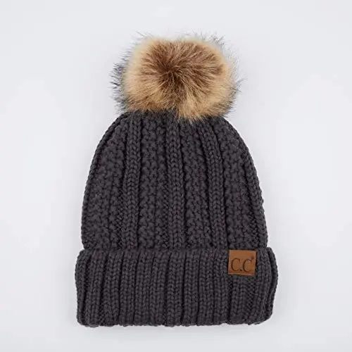 C.C Thick Cable Knit Faux Fuzzy Fur Pom Fleece Lined Skull Cap Cuff Beanie - 2