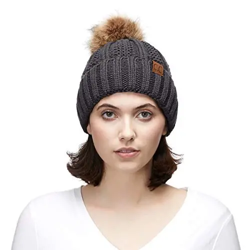 C.C Thick Cable Knit Faux Fuzzy Fur Pom Fleece Lined Skull Cap Cuff Beanie - 5