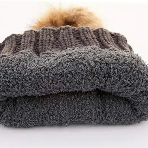 C.C Thick Cable Knit Faux Fuzzy Fur Pom Fleece Lined Skull Cap Cuff Beanie - 3
