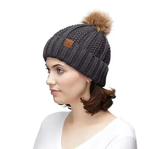C.C Thick Cable Knit Faux Fuzzy Fur Pom Fleece Lined Skull Cap Cuff Beanie - 4