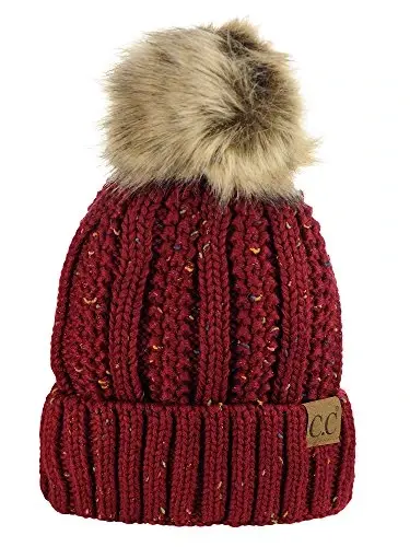 C.C Thick Cable Knit Faux Fuzzy Fur Pom Fleece Lined Skull Cap Cuff Beanie 