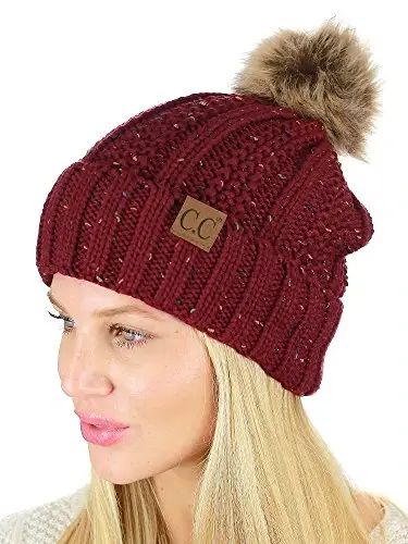 C.C Thick Cable Knit Faux Fuzzy Fur Pom Fleece Lined Skull Cap Cuff Beanie - C.C (1)