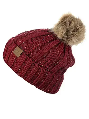 C.C Thick Cable Knit Faux Fuzzy Fur Pom Fleece Lined Skull Cap Cuff Beanie - 4