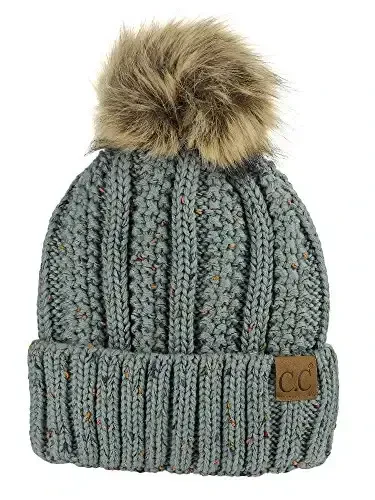 C.C Thick Cable Knit Faux Fuzzy Fur Pom Fleece Lined Skull Cap Cuff Beanie - 1
