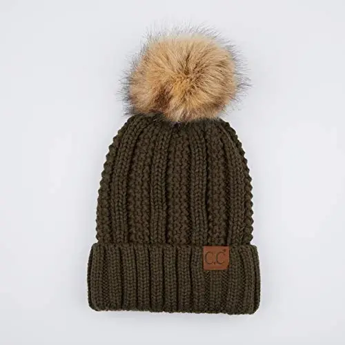 C.C Thick Cable Knit Faux Fuzzy Fur Pom Fleece Lined Skull Cap Cuff Beanie - 2