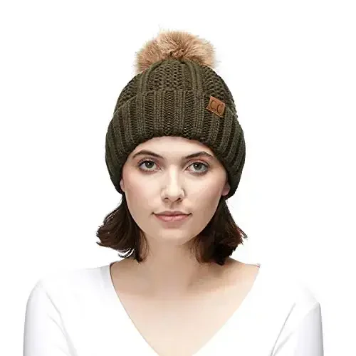 C.C Thick Cable Knit Faux Fuzzy Fur Pom Fleece Lined Skull Cap Cuff Beanie - 5