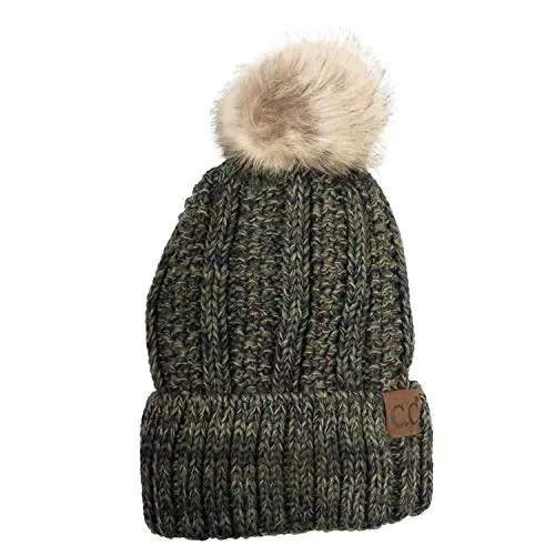 C.C Thick Cable Knit Faux Fuzzy Fur Pom Fleece Lined Skull Cap Cuff Beanie 