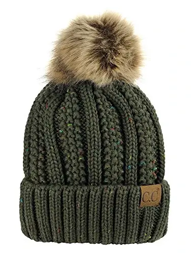 C.C Thick Cable Knit Faux Fuzzy Fur Pom Fleece Lined Skull Cap Cuff Beanie - 1