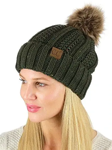 C.C Thick Cable Knit Faux Fuzzy Fur Pom Fleece Lined Skull Cap Cuff Beanie - 2