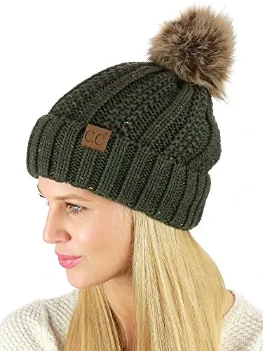 C.C Thick Cable Knit Faux Fuzzy Fur Pom Fleece Lined Skull Cap Cuff Beanie - 3