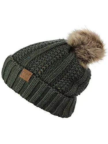 C.C Thick Cable Knit Faux Fuzzy Fur Pom Fleece Lined Skull Cap Cuff Beanie - 4