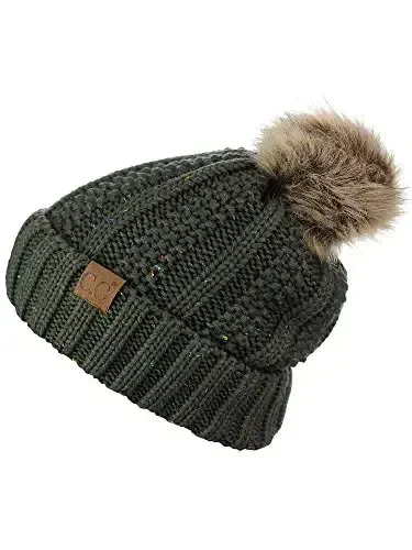 C.C Thick Cable Knit Faux Fuzzy Fur Pom Fleece Lined Skull Cap Cuff Beanie - 4