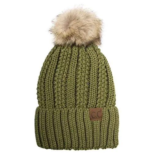 C.C Thick Cable Knit Faux Fuzzy Fur Pom Fleece Lined Skull Cap Cuff Beanie - C.C