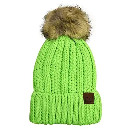 C.C Thick Cable Knit Faux Fuzzy Fur Pom Fleece Lined Skull Cap Cuff Beanie 